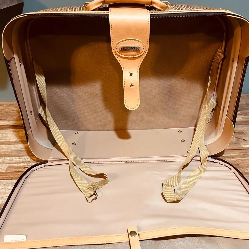 Vintage Fifth Avenue Tweed Hard-Sided Suitcase Tan Leather Trim